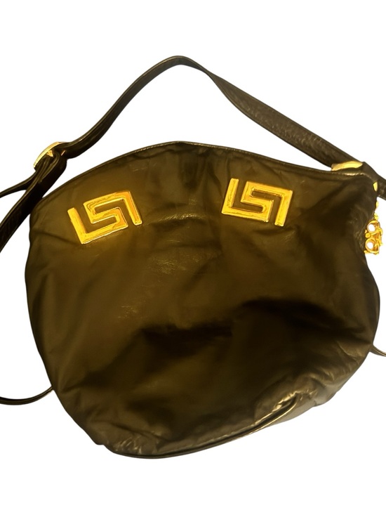Vintage Handbags - Vintage Black Genuine Leather Greek Key Crossbody Shoulder Bag Gold Hardware